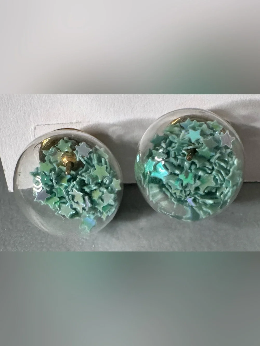 Mint Green Star Confetti glass Dome Stud Earrings classy chic Crystal
